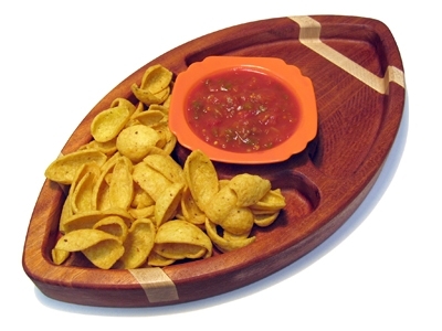 football-shaped snack tray with chips and salsa