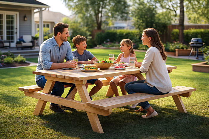 family sitting at diy picnic table