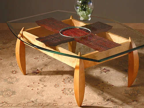 Glass topped coffee table with purpleheart lattice