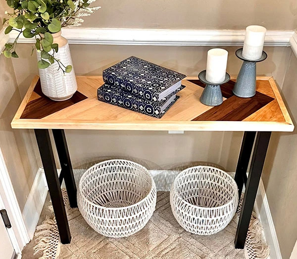 Herringbone wood pattern entry table 