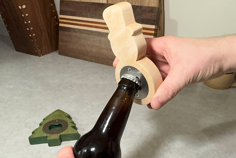 holiday inspired tree and snowman bottle opener completed project