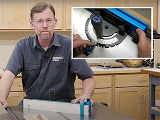 man at workbench with table saw miter gauge