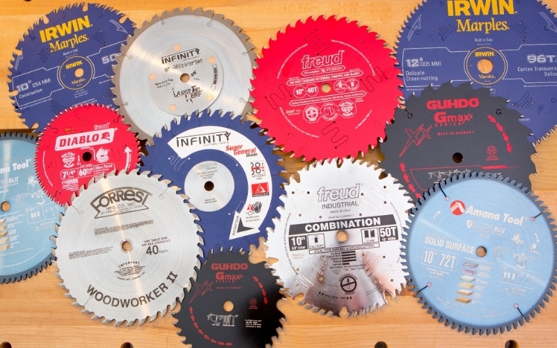 selection of saw blades displayed flat on table