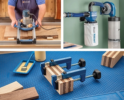 Rockler Benchtop Board Flattening Jig,Rockler Quick-Release Multi-Clamps,Dust Right 4'' Wall-Mount Cyclone Dust Separator
