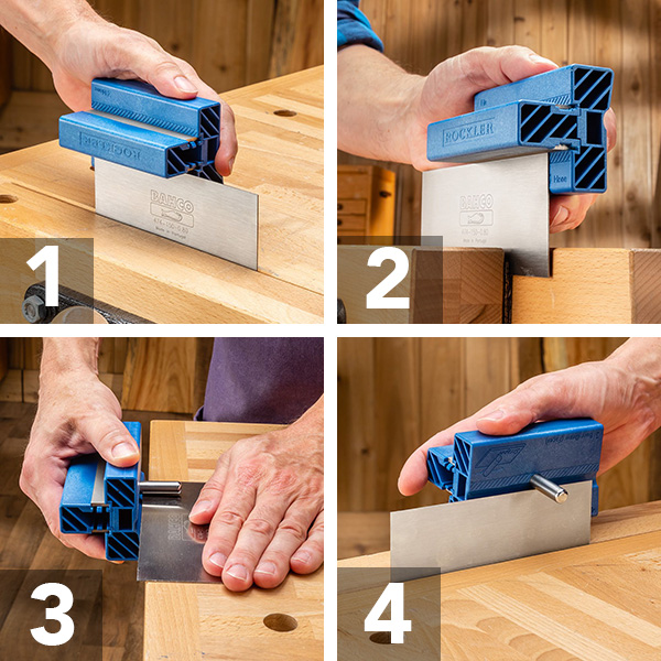 four steps for sharpening a cabinet scraper - file, hone, raise burr and roll burr