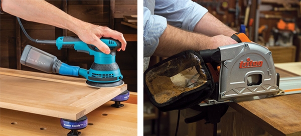 dust collection canister and bag attached to tools
