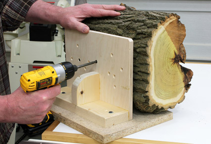 Securing log bowl blank to a right angle jig