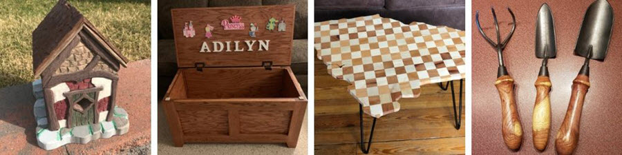 handmade woodcrafts including a birdhouse, toybox, checkered coffee table and garden tools