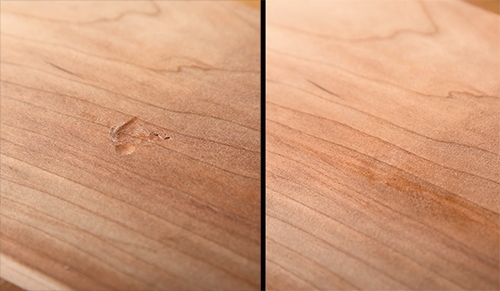 Before and after removing a dent with steam