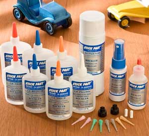 Bottles of Stick Fast cyanoacrylate glue and accelerant