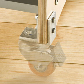 Side view of caster bracket with wheel made transparent