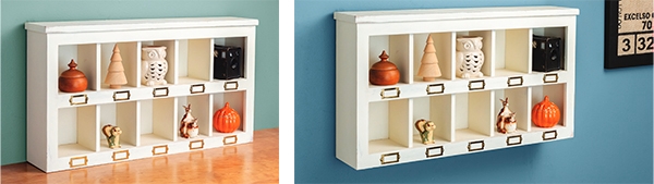 cubby cabinet hanging on wall and sitting on cabinet