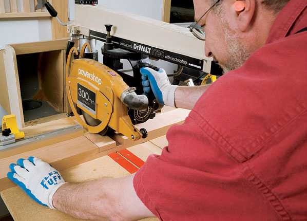 Cutting platform bedframe parts with radial arm saw