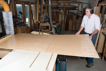 Cutting maple plywood panel with a table saw