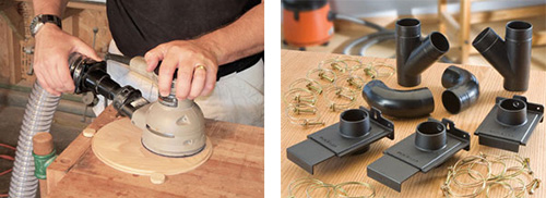 Dust collection hose attached to sander and selection of dust hose accessories