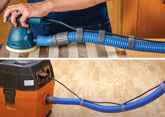 dust hose and tool cord connected by clip