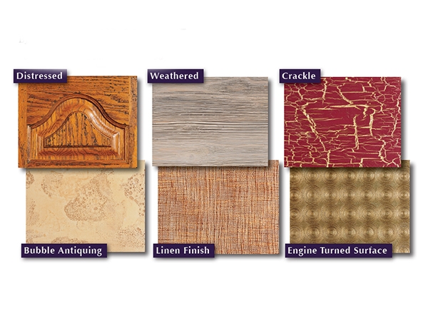 Examples of woodworking finishes with different texturing techniques