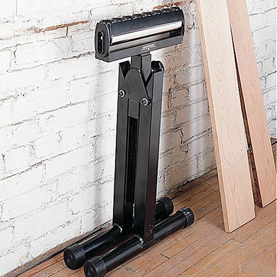 Rockler roller stand folded up in a workshop