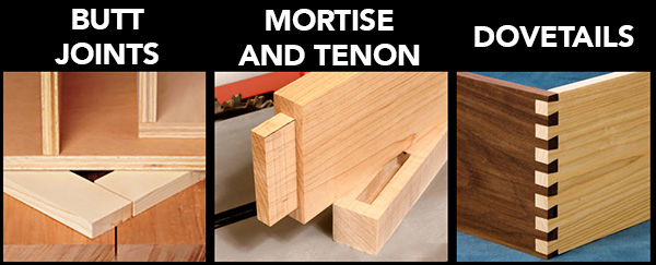 butt joints, mortise and tenon joints, and dovetail joints