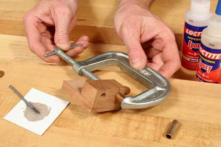 Gluing and clamping bushings in shop-made doweling jig