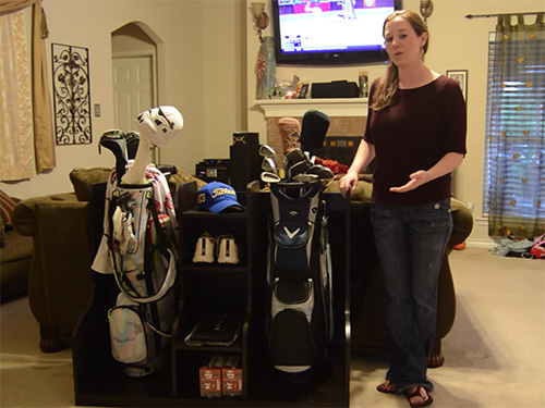 April WIlkerson and her golf bag and supplies storage unit