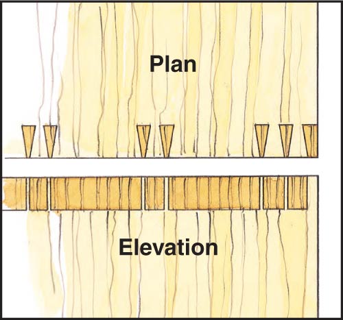 Drawing of dovetail pattern with grouped pins at the end of the joint