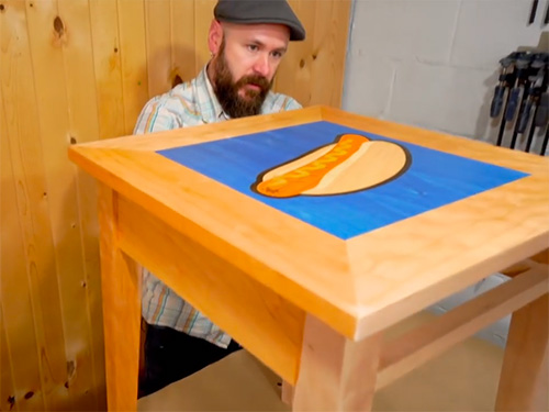 Shaker style end table with a hot dog design inlay