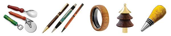 variety of lathe projects such as a bottle opener, pizza cutter and rings