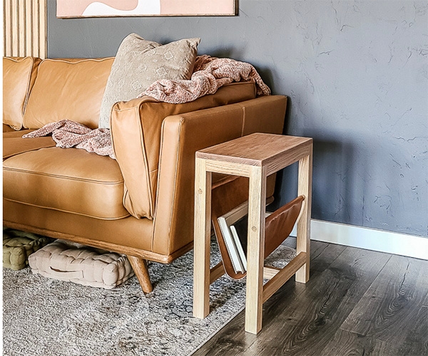 wood side table with leather magazine rack
