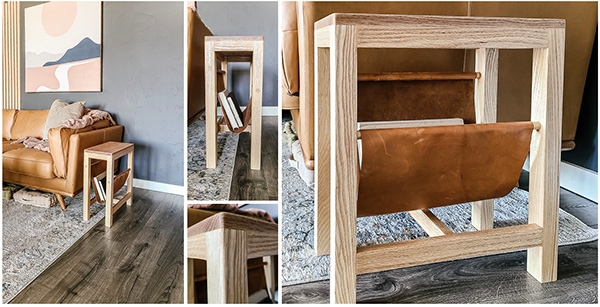 side table with leather magazine rack