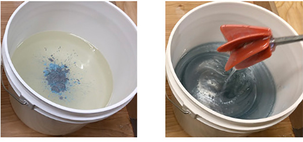 Mixing pigment into epoxy with drill and paddle
