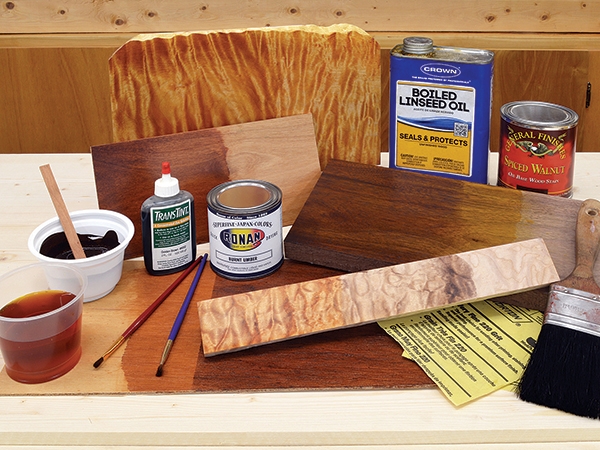 Examples of boiled linseed oil and dyes added to wood