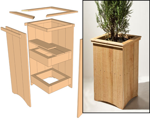 Cedar planter project and exploded view drawing