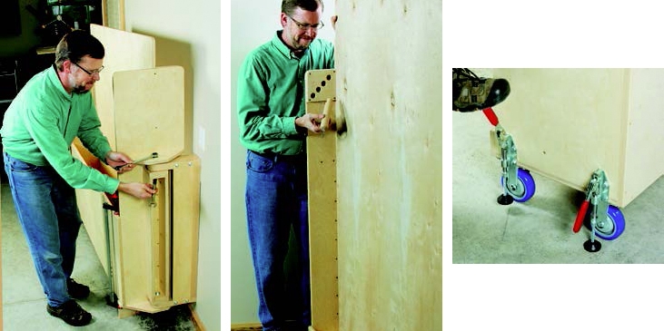 Close ups of pivot arm, peg system and casters on plywood storage unit