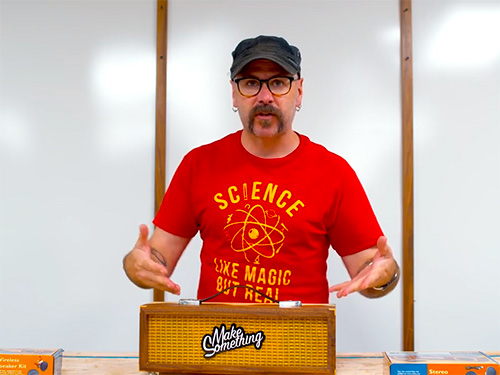 David Picciuto showing simple portable bluetooth speaker