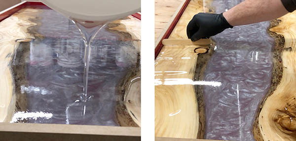 Pouring and spreading Deep Pour Epoxy in mold