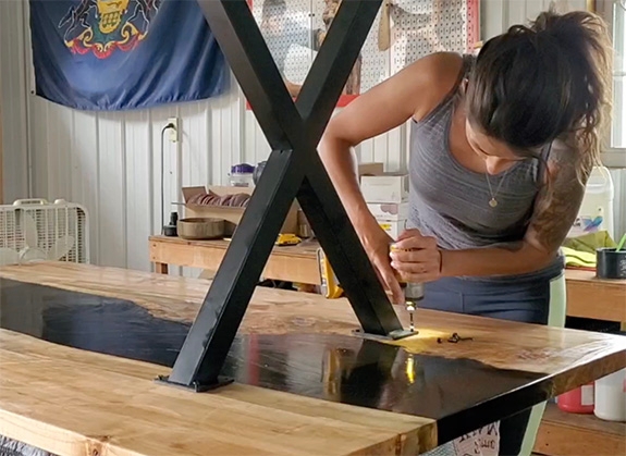 attaching steel legs to river table