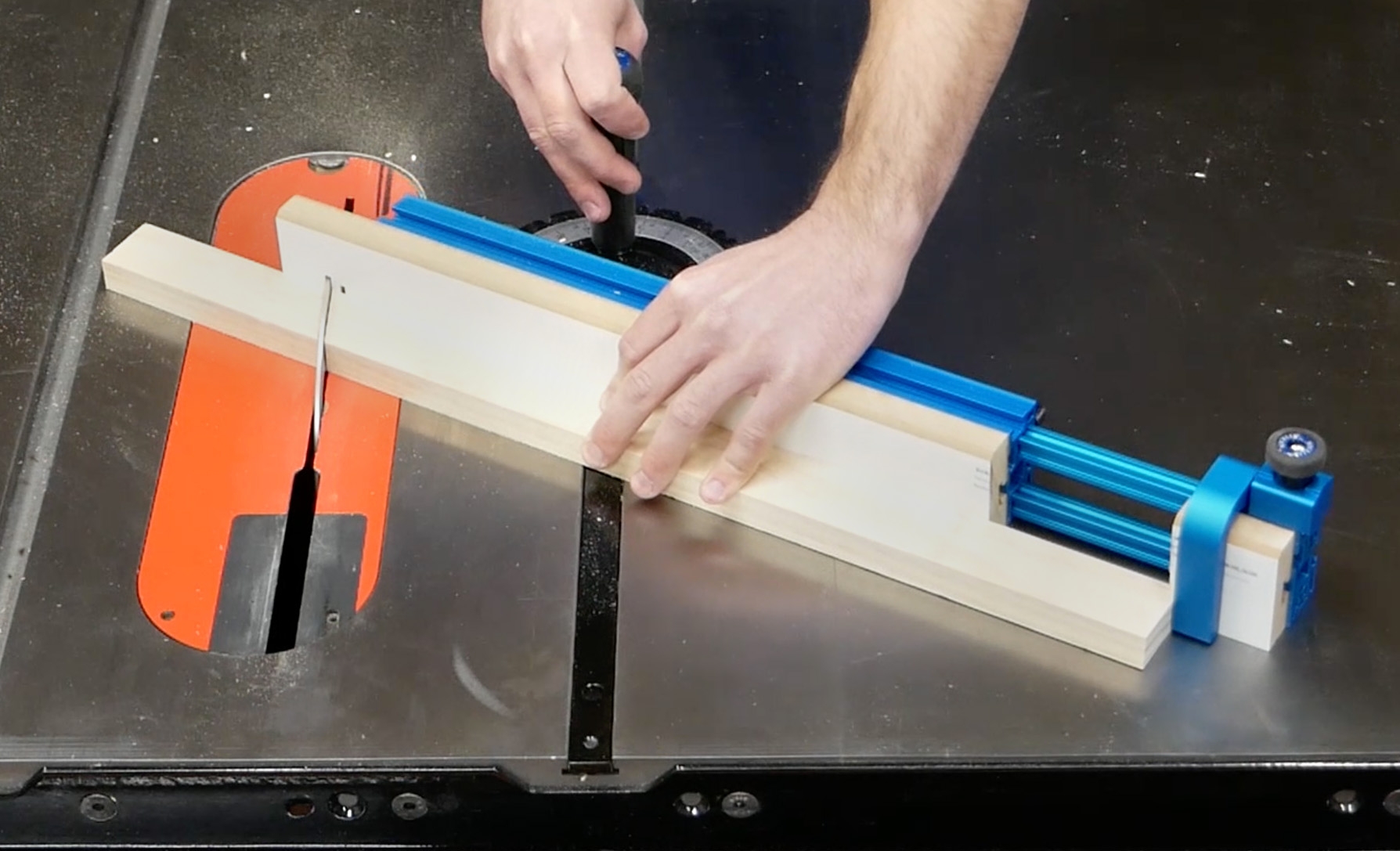 Rockler's miter gauge set up on a table saw