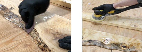 Sanding edges of natural-edge board with paper and random orbit sanders