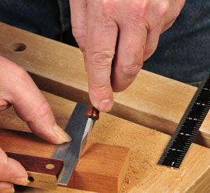 Using square and knife to layout tenon cuts