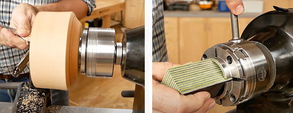bowl blank and spindle blank in lathe chuck