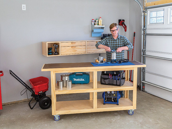 Wall cabinet and matching mobile workbench for small shop
