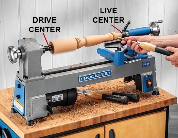 turning a spindle - callouts for drive center and live center