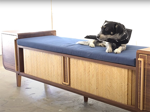 Entry bench with a patterned plywood tambour door