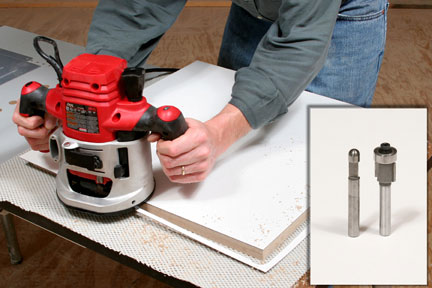 Trimming laminate edges with a router including close-up of potential bit choices