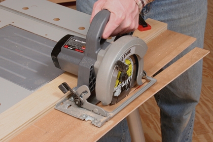 Using a circular saw to trim jig base down to size