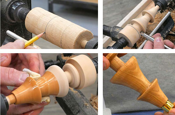 how-to photos of turning a tree ornament on a lathe