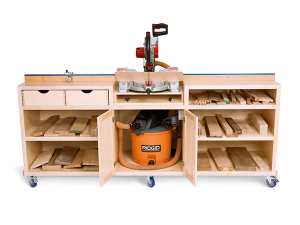 Mobile miter saw cabinet with dust collection and storage