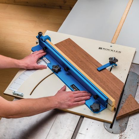 Using a table saw sled to cut a miter
