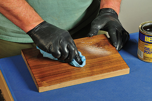 Using blue shop towels to wipe off polyurethane finish